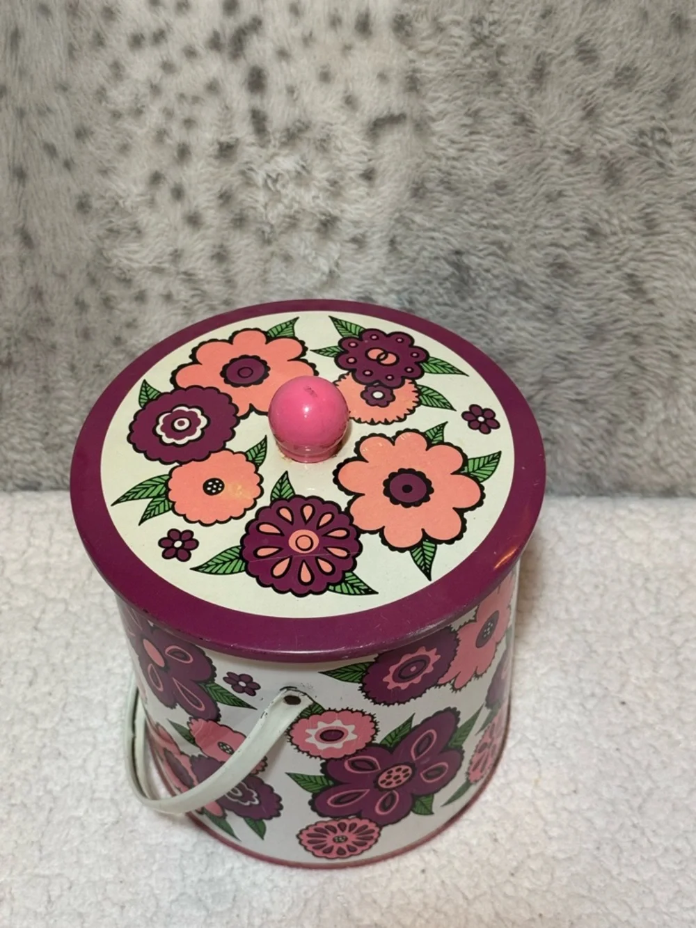 Vintage Baret Ware Metal Biscuit Tin Box Container Purple Pink Flowers